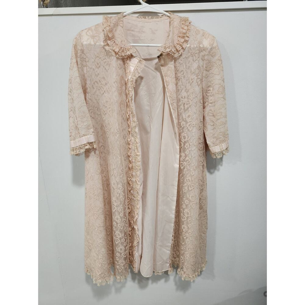 Vintage 1960 Odette Barsa Dressing Robe, Pink Ecru Lace Overlay **read*